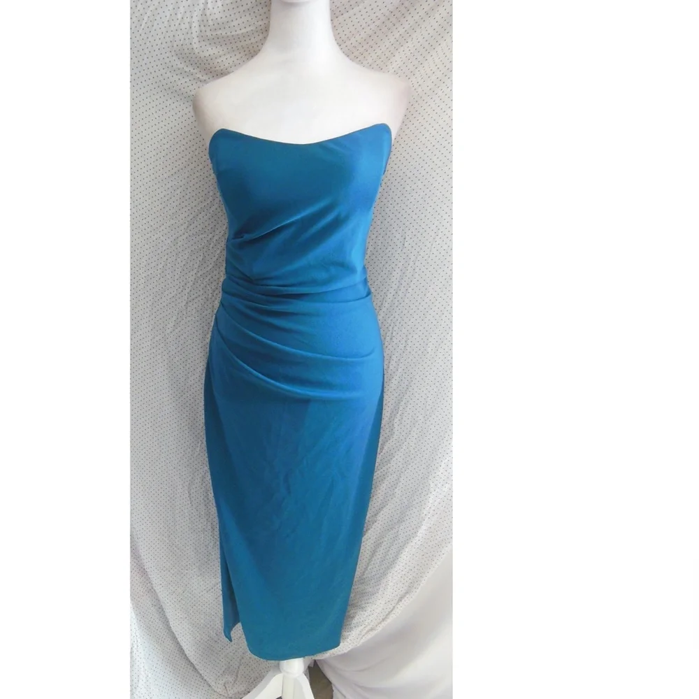 NWT Katie May DARK TEAL Ashun STRAPLESS Ruched Back CUTOUT Slit MIDI DRESS M - Picture 3 of 8